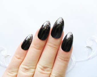 24 Set Stiletto Nails / Fake Nails / False Nails / Press on Nails / Black / Glitter / Gunmetal / Nails