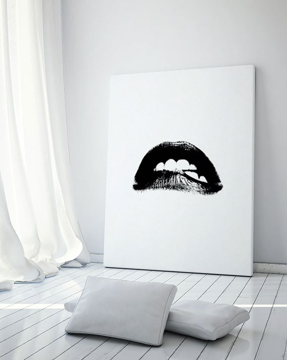 lips print lips wall art black and white art canvas by GorgeousGD