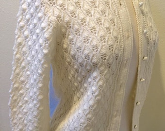 60's Vintage 100% Orlon Acrylic White Knit Cardigan Sweater by Boepple Creations Ladies Size Small