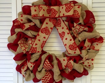 Valentines Day Wreath, Red Burlap Wreath, Valentines Decor