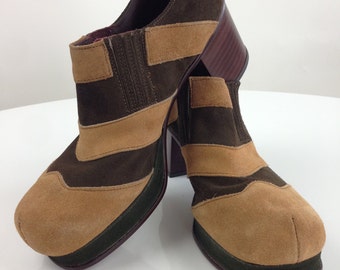 DISCO.. 1970'S PLATFORM SHOES / Amazing 2Tone Suede / Slip Ons / Dead Stock / Mens Size 7 1/2