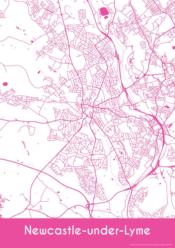 NewcastleunderLyme Map Roads Town Map Art Print of