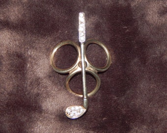 Vintage Golf Scarf Slide Gold Tone Clear Rhinestone Golf Club Golfer's Scarf Slide