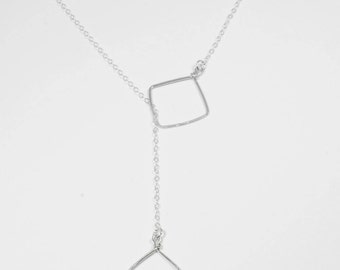 Silver Lariat Necklace, Long Silver Necklace, Sterling Silver, Simple Lariat, Square Necklace