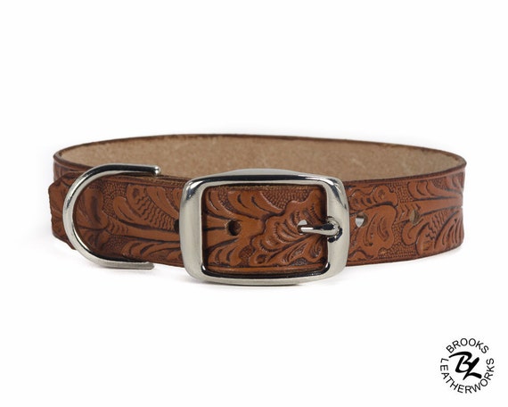 Leather Dog Collar Embossed Leather Dog by BrooksLeatherworks