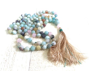 Amazonite Mala Beads, Knotted Mala Necklace, Rose Quartz Mala, Mala Beads 108, Silk Tassel Mala, Spiritual Jewelry
