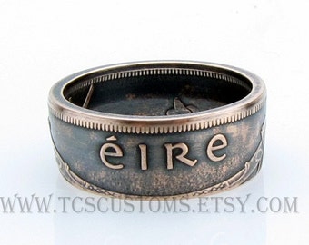 Irish 1 Pingin EIRE Coin Ring, Ireland, Copper, Bronze, Unique Ring, Coin Jewelry, Mens, Band, Mans, Rings