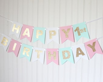 Gold, White, Pink, Mint, Happy Birthday Banner/ Girl Birthday/ Princess Party/ Party Decorations/ Custom Name/ Personalized