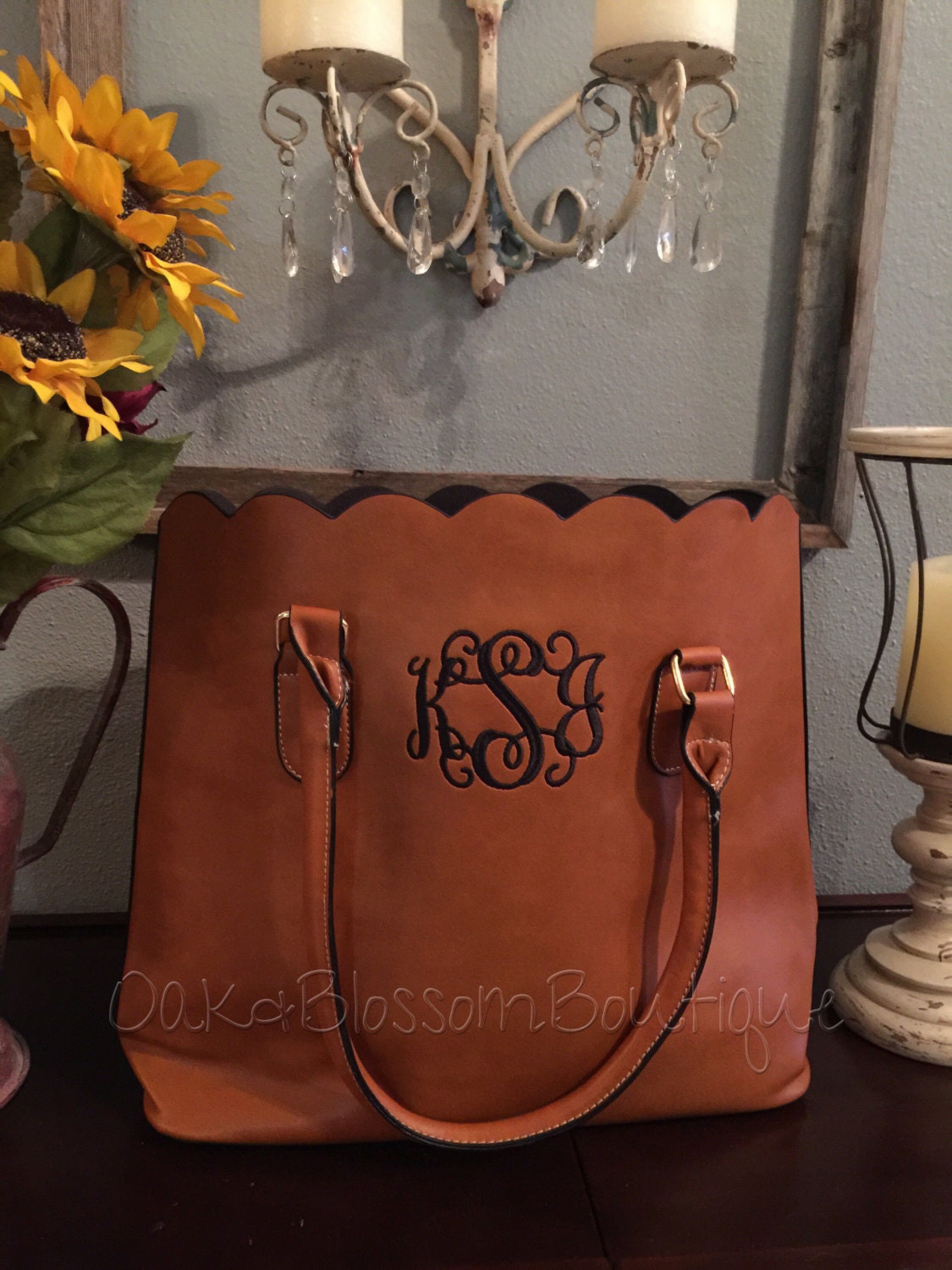 Monogrammed scalloped tote/ womens purse