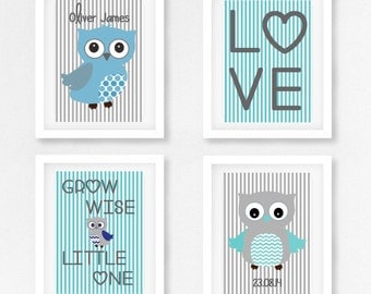 Unique Baby Boy Gift, Baby Boy Baby Shower Gift, Personalised Gift for New Baby Boy, Blue and Grey Owl Nursery Decor, Owl Birth Print