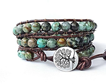 african turquoise leather wrap bracelet, beaded wrap bracelet, leather bracelet, gemstone leather wrap bracelet, tree of life boho bracelet