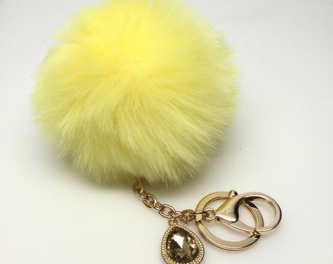 NEW! Faux Rabbit Fur Pom Pom bag Keyring keychain artificial fur puff ball in Bright Yellow Crystals Collection