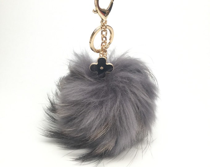 Dark Gray red with natural markings Raccoon Fur Pom Pom luxury bag pendant + black flower clover charm keychain