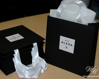 Chanel Theme Birthday Gift Bag with satin ribbon and Personalized tag - Black & White Sweet Sixteenth Chanel style party Welcome Bags Favors