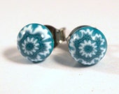 Blue and White Snowflake Stud Earrings, Surgical Steel Posts, Fused Glass