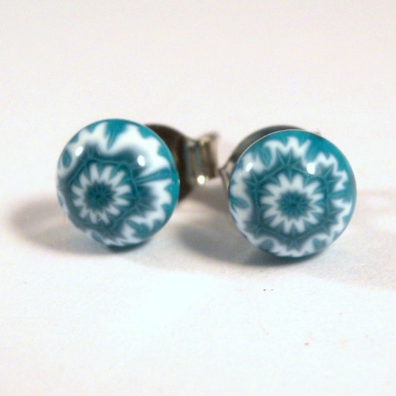 Blue and White Snowflake Stud Earrings, Sterling Silver Posts, Fused Glass