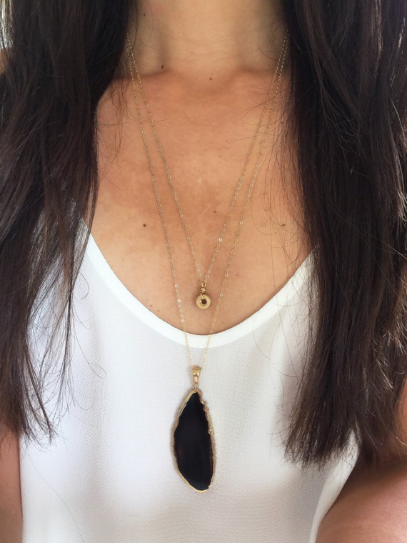 Bohemian Gold Layered Necklace Plate Pendant w Black Gemstone