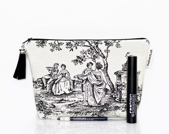Toile makeup bag, Cosmetic case, Toile de jouy, French pouch, Zipper pouch, Black white, Back to school, Gadget pouch, Make Up bag, Wash bag