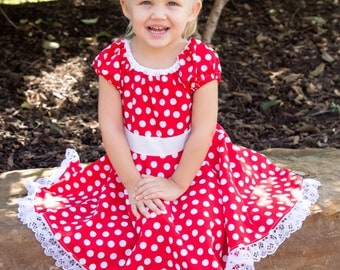 Minnie Mouse dress, Red and white polka dot , infant, baby, toddler, little girl costume, birthday outfit, Halloween costume
