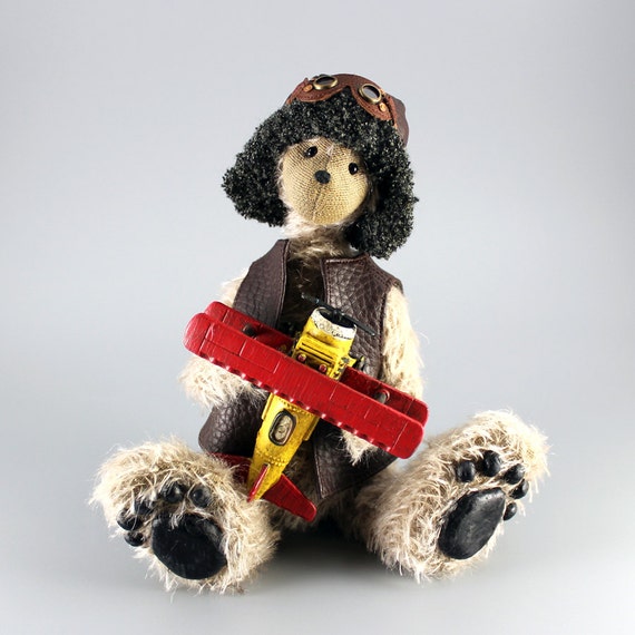 Steampunk bear with aviator goggles and metal plane handmade by Francisco Carreno perfect gift for her perfect gift for him by NinosBears steampunk buy now online