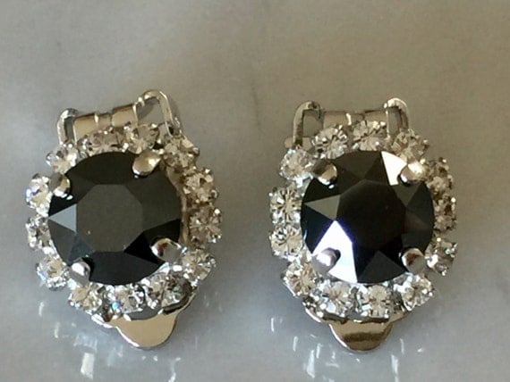 Jet Hematite & Clear Crystal Halo Clip On Earrings, Silver