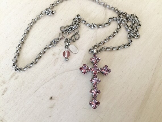Antique Pink Crystal Cross Pendant Necklace