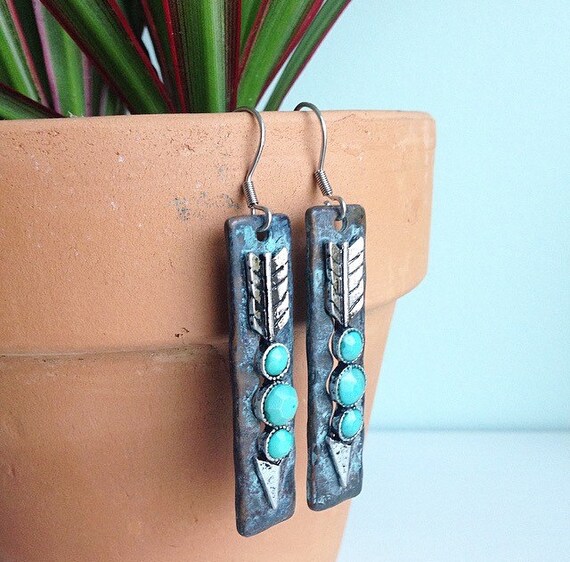 Arrow earrings turquoise patina copper boho by TheBohemianBluebird