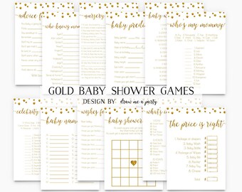 GOLD BABY SHOWER Games Package , Gold and White Baby Shower , Polka Dots Baby Shower Games Pack , Printable , Instant Download