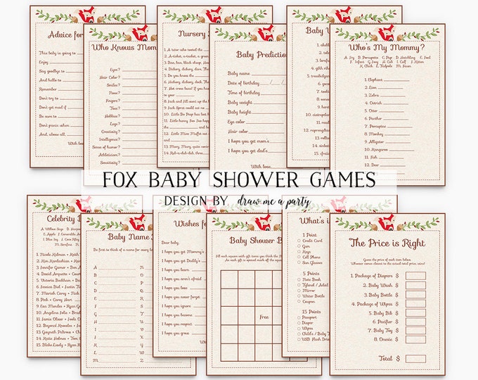 Fox Baby Shower Game , Fox Baby Shower Games Package , Fox Theme Baby Shower Games Pack , Printable , Instant Download