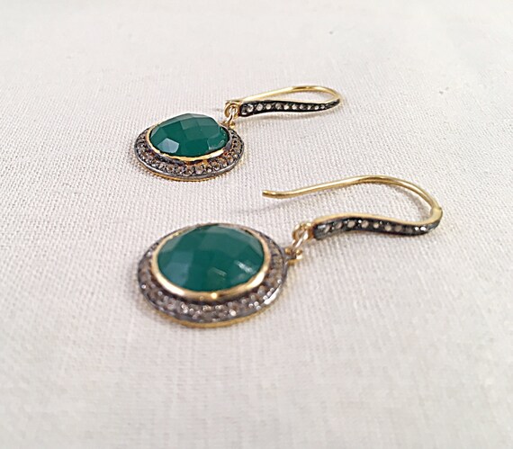 Emerald Green Onyx Earrings on Diamond Ear Wires Round