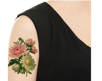 Temporary Tattoo - Chrysanthemum / Rose and Bells Vintage Flower Tattoo - Various Patterns and Sizes