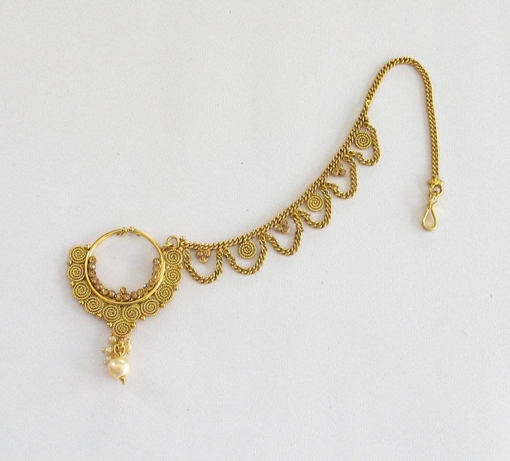 Gold Nose Ring Chain Hoop/ Indian Bridal Nose Nath by