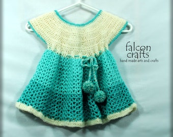 childs crochet dress,handmade childs dress,2-3 years,drawstring waist,buttoned back,aqua green and white,3 buttons,crochet acrylic