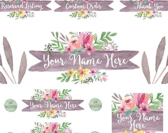 Etsy shop banner set watercolor floral new size cover photo image modern graphics grey pink large and small banner