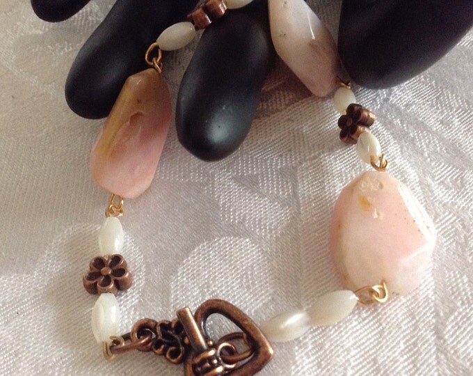 Rustic Peruvian Pink Opal Nugget Bracelet...dainty mother of pearl and petite copper flower , heart toggle bracelet