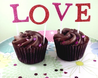 Love cake topper - engagement cake topper love - glitter letters - engagement parties, wedding, Valentine's Day celebrations - pink, red