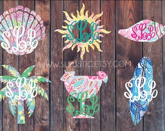 Lilly Pulitzer inspired beach day monogram decal, seashell, palm tree, conch shell, margarita, surfboard, sun, laptop decal, Car decal.