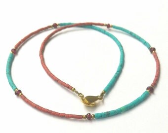 FREE Shipping Worldwide Natural Afghanistan Turquoise, Garnet & Opal Small Tiny Seed Beads Necklace with Brass Gemstone Handmade Jewelry