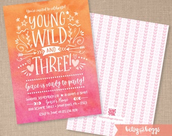 Young Wild and Three Invitation / 3rd Birthday Invitation / Wild Birthday / Third Birthday / Watercolor Birthday / Custom Digital / PDF