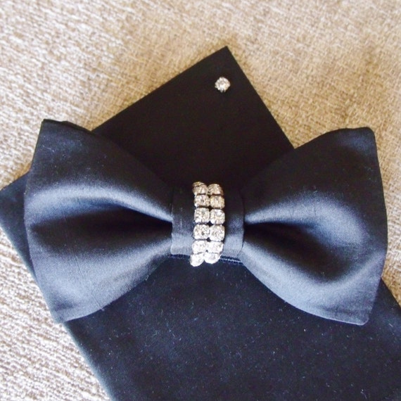 Men's Black Silk & Rhinestone Bow Tie Formal Black Bow