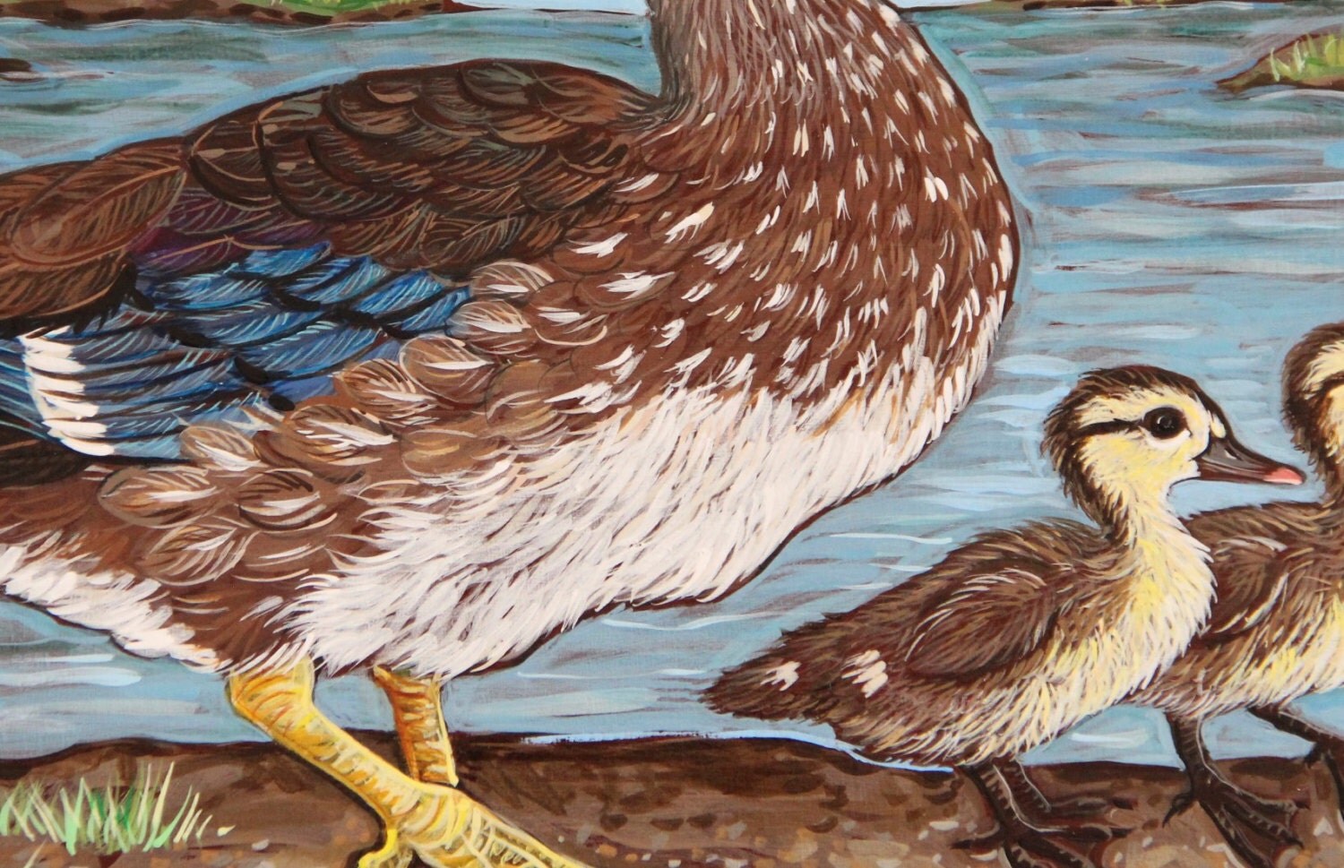 Mother Wood Duck and Ducklings Original Acrylic by FishPondArts