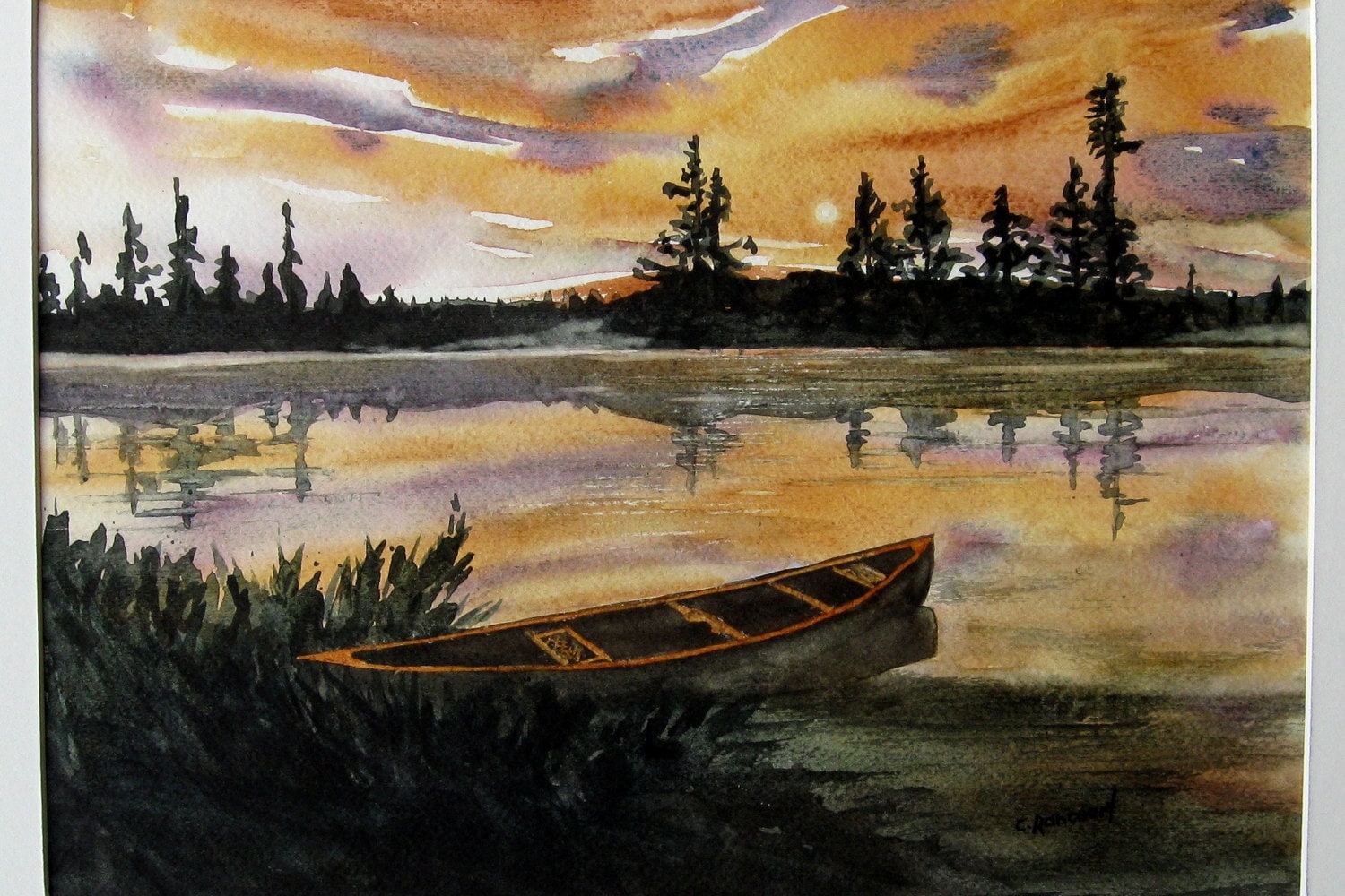 Canoe Painting. Moonlight on lake Watercolor. Scenic lake