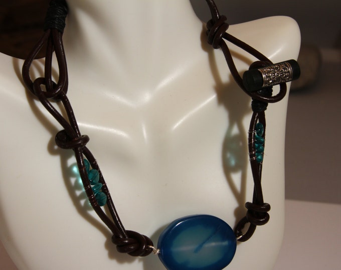 Sky blue leather choker necklace