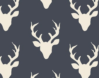Navy Elk Buck Fabric, Modern Woodland Cotton Fabric, Art Gallery "Buck Forest Twilight" Deer Heads, Quilting Weight, Kids Room Nursery