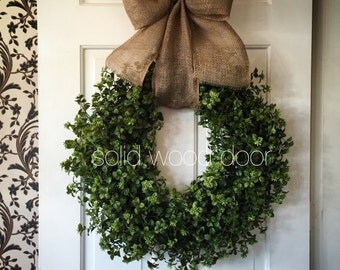 Spring Faux Boxwood Wreath, Summer Boxwood Burlap Wreath 22 inches, Boxwood Wreath with Burlap Bow, Summer Boxwood, easter boxwood wreath