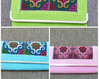 Sale Green, orange, pink long wallet C embroidered wallet ethnic ,button zipper clutch purse cute wallet women gift ideas