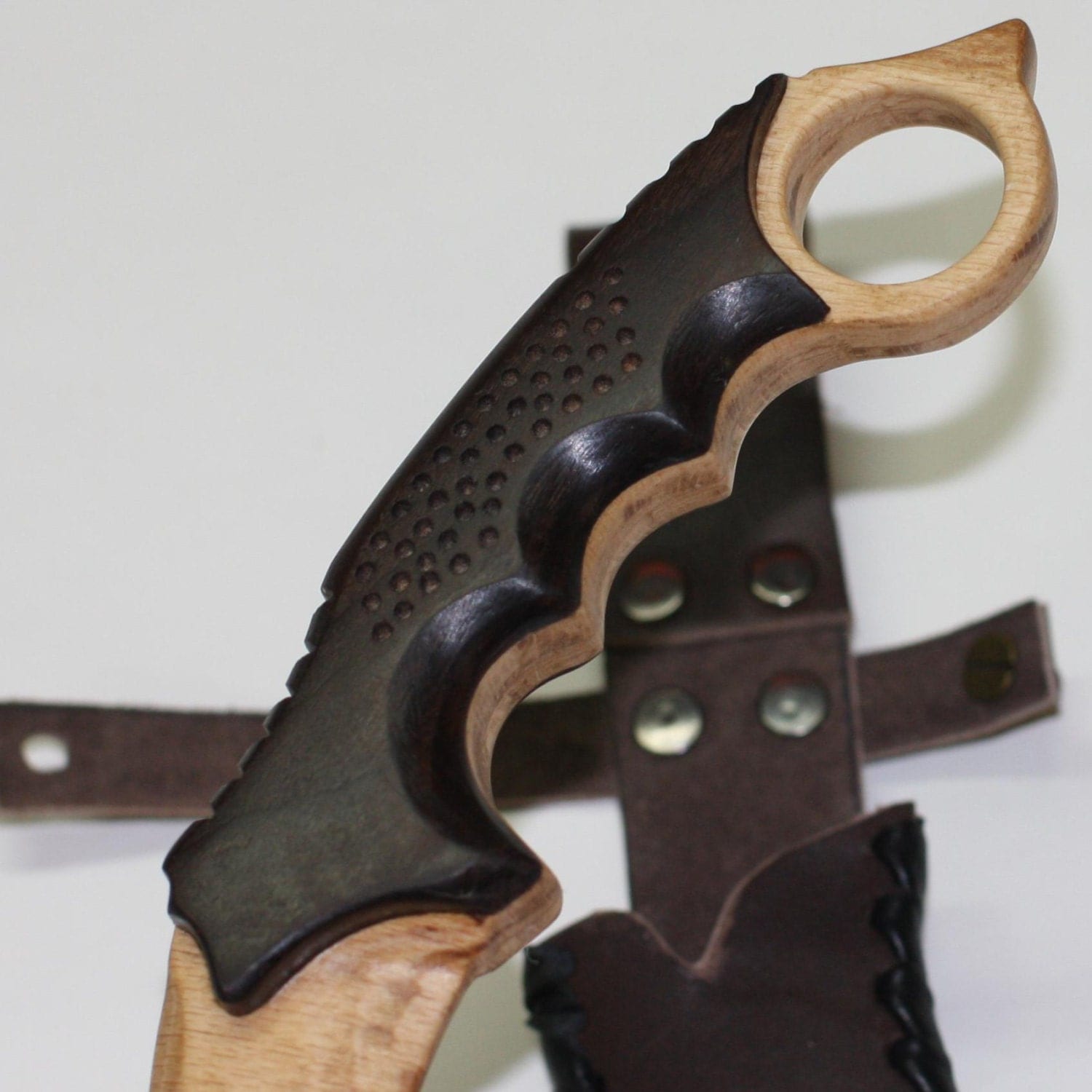 Toy wooden knife karambit with leather sheath by RusWoodToys