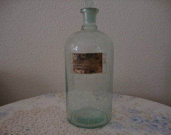 Large Antique Victorian PHARMACY Aqua Glass APOTHECARY "Boric Acid" Chemist BOTTLE Druggist Medicine Steampunk Lab Industrial Vase
