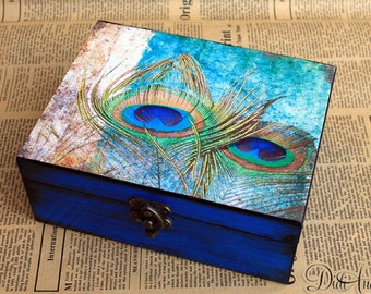 Personalized Peacock Box, Peacock jewelry box, Peacock Effect box, artificially aged, Peacock Box, Keepsake Box, Decorative Box, Peacock