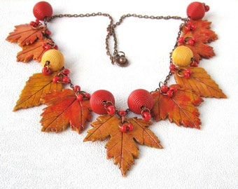 yellow red autumn leaf fall jewelry autumn bib necklace leaf fall gift yellow jewelry autumn leaf gift for wife necklace jewelry red polymer